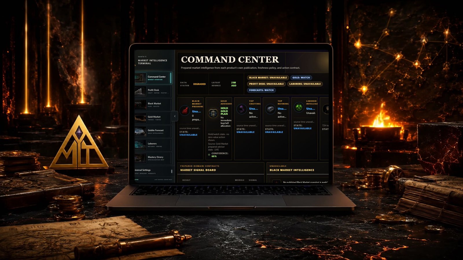 Santa's Market Intelligence Terminal open on a laptop inside the obsidian command hall.