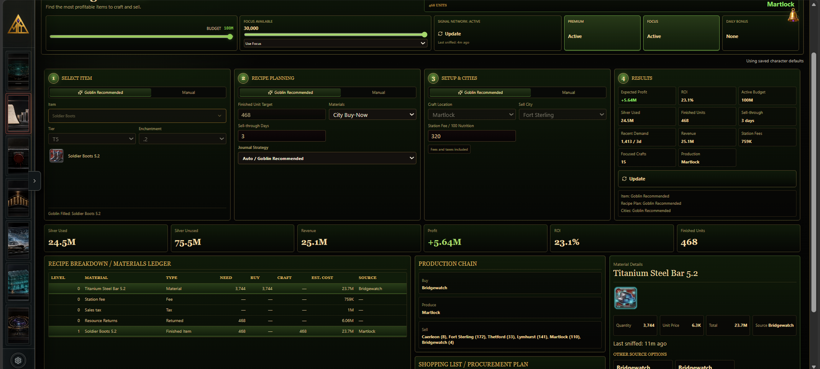 The existing Crafting Advisor interface with budget, recipes, cities, and a material breakdown.