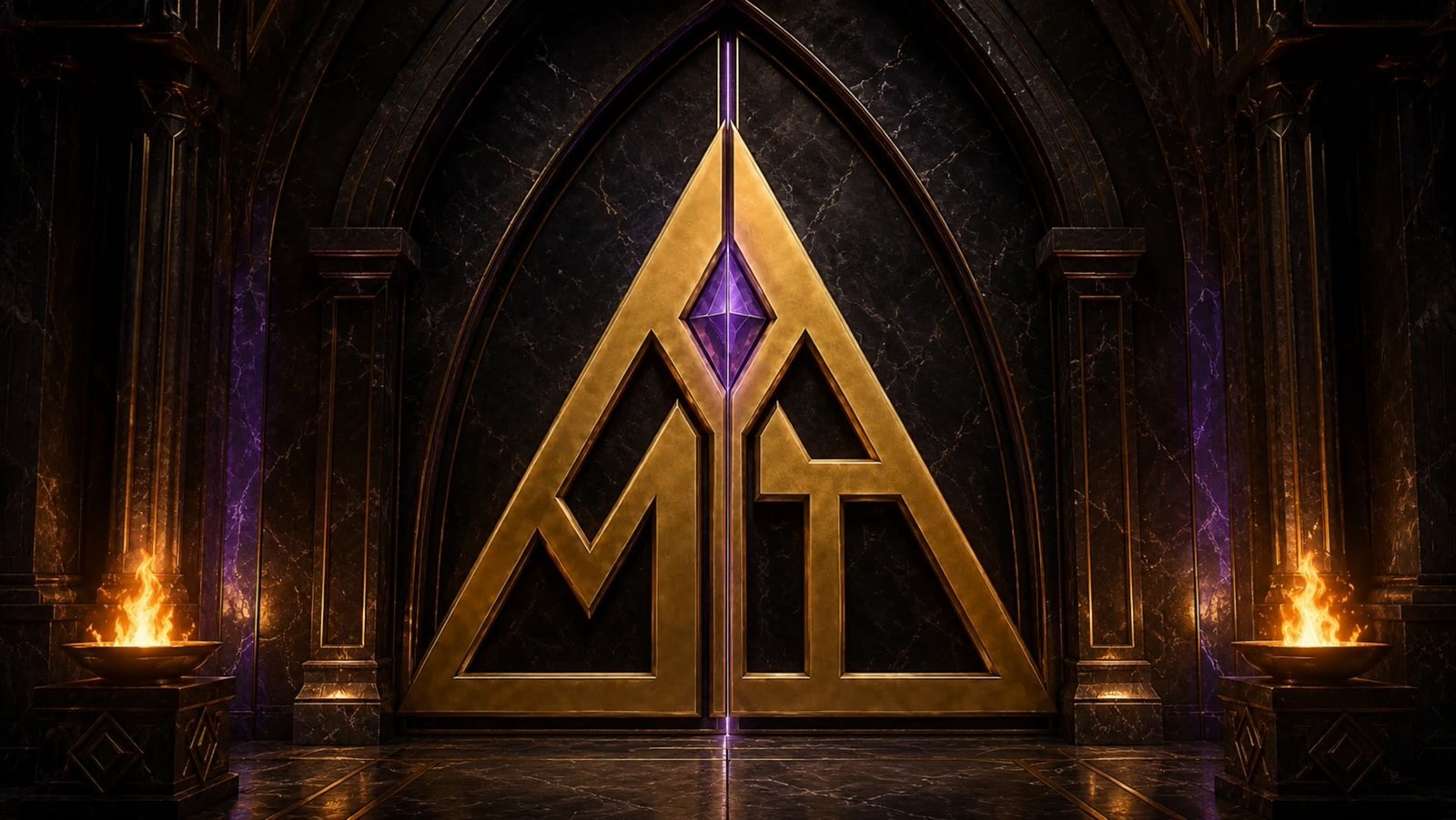 The original gold Santa’s MIT doors in a torchlit obsidian hall.