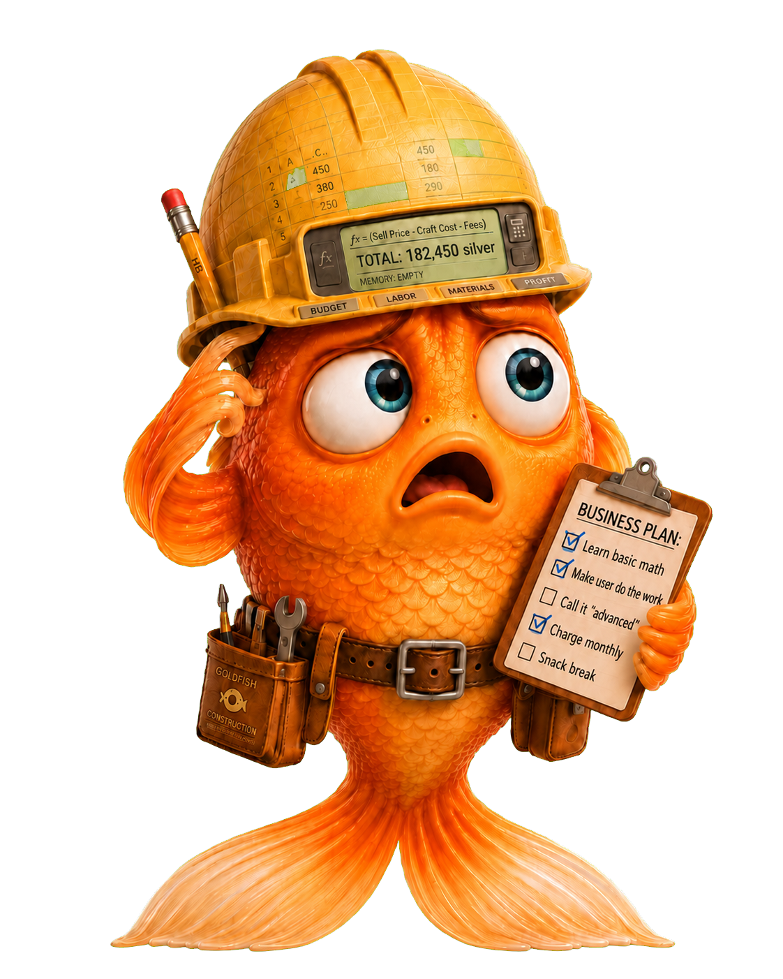 Alfred, Santa's goldfish financial engineer, wearing his calculator hard hat and holding a business plan